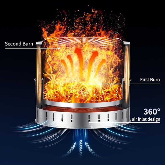 15.5 inch Stainless Steel Smokeless Fire Pit with Grill, Outdoor Smokeless Firepit, Wood Burning Fire Pits for Camping, Bonfire, Low Smoke Firepit for Outside (Vertical Hole)