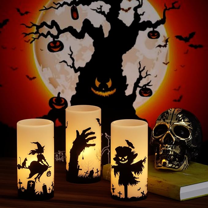 Eldnacele Halloween Flickering Candles Set of 3 Battery Operated Halloween Themed LED Candles Horror Spooky Decoration…
