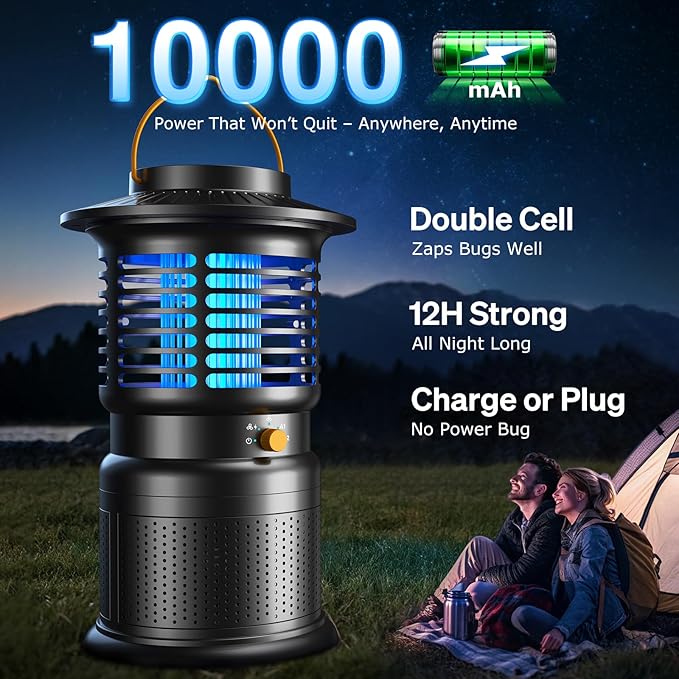 2-in-1 Bug Zapper Outdoor with Fan Suction, Effective Mosquito Trap & Insect Zapper, 10000mAh Rechargeable Fly Zappers for Indoor & Outdoor, IPX5 Waterproof
