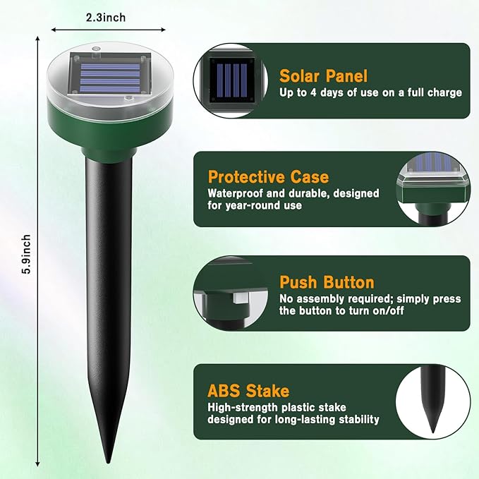 Mole Repellent 10 Pieces,Solar Powered Mouse Repellent Waterproof Rodent Gopher Repellent,360° Mouse Control Outdoor Mole Repeller for Garden Yard & Patio,Green