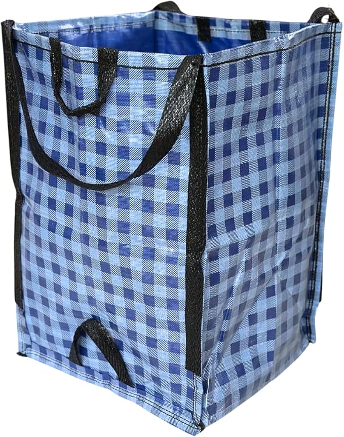 DURASACK Heavy Duty Home and Yard Bags 48-Gallon Reusable Self-Standing Lawn and Leaf Bags Garbage Can with Reinforced Handles, Gingham Blue, 3 Pack