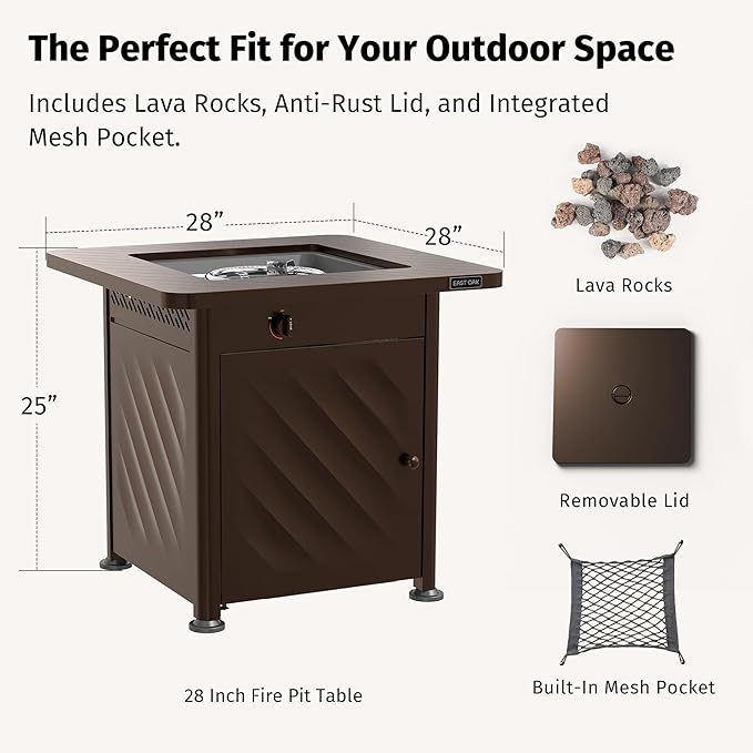EAST OAK 28” Outdoor Propane Fire Pit Table | 52,000 BTU Gas Fire Pit for Outside with Easy-Hook Lid, Mesh Pocket & Lava Rocks | CSA Certified | Ideal for Patio, Garden & Backyard | Brown