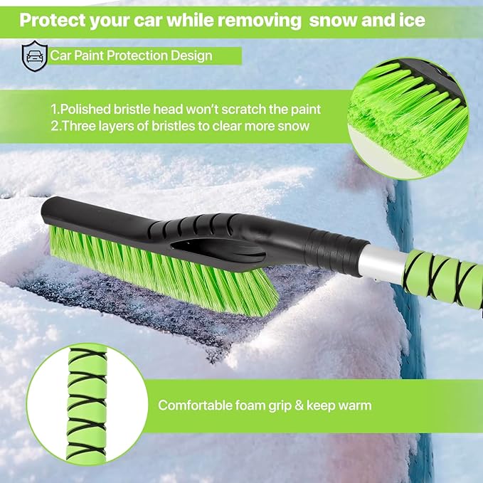 27" Snow Brush and Ice Scrapers for Car Windshield 2 Pack, Scratch-Free Bristle Head PVC Snow Brush & Foam Grip Window Snow Scraper Snow Removal Tool with Aluminum Body for Truck, SUV, Green