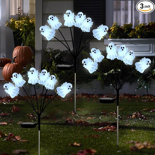 Set of 3 Halloween Ghost Lights Outdoor Solar Pathway Lights with 18 Cool White LEDs for Garden Yard Lawn Patio Decorations