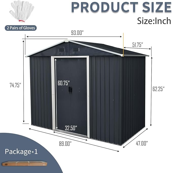 Outdoor Storage Shed, 8x4ft Metal Storage Shed with Vents and Metal Foundation, Lockable Sliding Door, All Weather Tilted Roof Tool Shed for Backyard, Patio, Lawn, Black