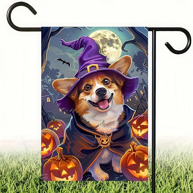 Halloween Decorations Outdoor Garden Flag 12x18 Inch Double Sided Corgi Dog Witch Hat Pumpkin Fall Decor Yard Lawn Porch Patio Halloween Garden Flags