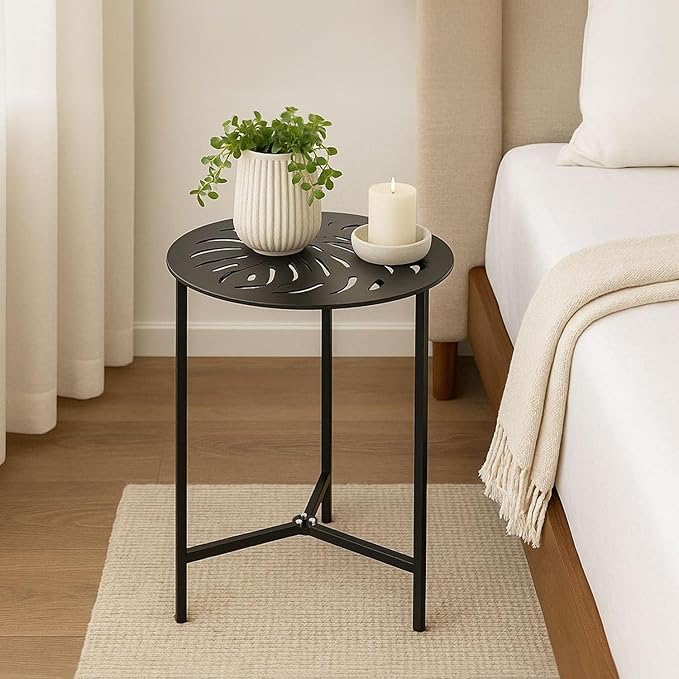 2 Packs 13" Metal Outdoor Side Tables Small Black Outside End Table for Patio Round Accent Corner Stand for Small Spaces Weather-Resistant Coffee Table for Balcony Porch Plant Stand, Monstera Leaf