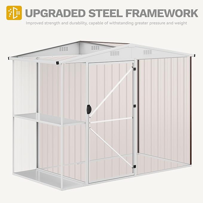 DWVO Outdoor Storage Shed 8x4FT with Rack, Metal Garden Shed with Storage Shelves, Bike Storage Tool Cabinet Box for Lawn Backyard Patio Use, Brown