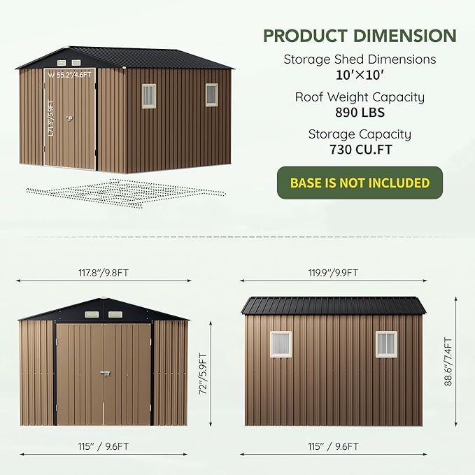 10x10 FT Outdoor Metal Storage Shed, Double Swing Doors, 2 Clear Windows,Tool Shed for Garden, Patio, Backyard Brown