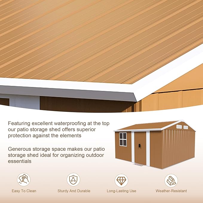 Outdoor Tool Shed 12x10 FT Heavy-Duty Metal Storage Shed with Lockable Door, Windows & Ventilation - Weather-Resistant Roof Garden Shed for Backyard, Patio, Lawn (Brown)