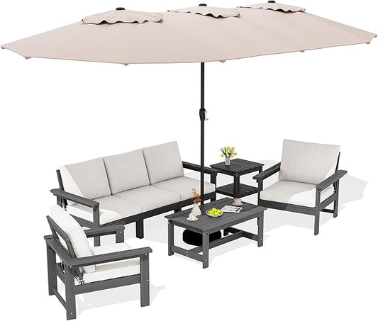 SERWALL HDPE Patio Furniture Set with 15FT Double Side Patio Umbrella, 7-Piece Outdoor Modular Sectional Sofa Set, All Weather Patio Couch Set for Deck, Lawn, Gray & Beige（Umbreall Base not Included）