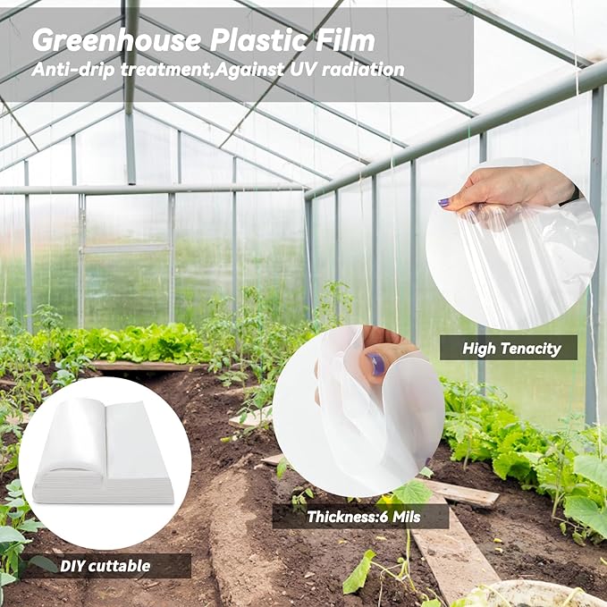 10' x 26' Greenhouse Plastic Film Sheeting Cover 6 Mil Thickness, Clear Greenhouse Cover Polyethylene Plastic UV Resistant Anti-drip, Anti-Fog for Farms, Agriculture, Garden, Farm Plastic Cover