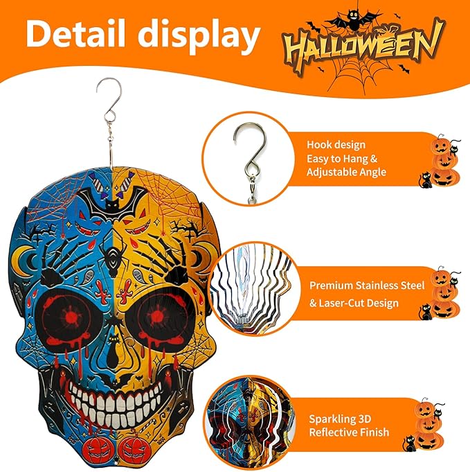 12 inch Halloween Decoration Skull Wind Spinner - 3D Metal Garden Spinner, Mandala Kinetic Art Outdoor Decor -Handcrafted Hanging Ornament for Outdoor,Patio, Yard，Garden