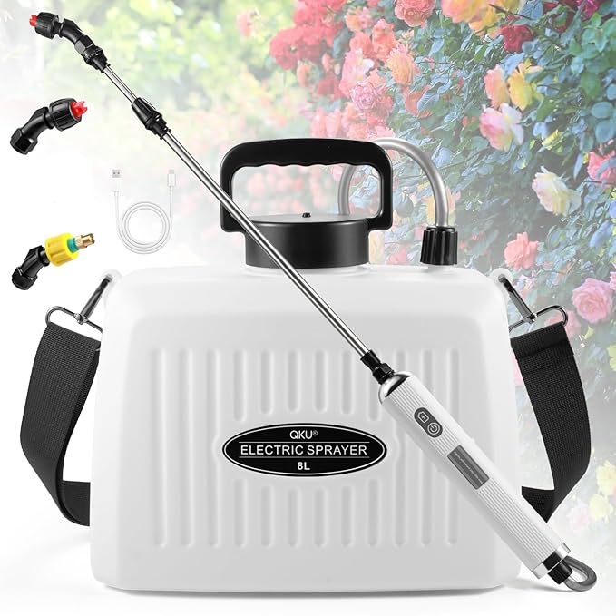 Electric Sprayer, Battery Powered Sprayer 8L/2 Gallon, with 3-Adjustable Nozzles, Retractable Wand, Rechargeable Handle & Adjustable Shoulder Strap, Suitable for Garden, Lawn & Cleaning.