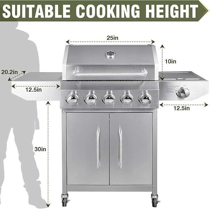 BESTFIRE 68,000 BTU 5+1 Burner Propane Grill - Stainless Steel BBQ with 647 sq in UPGRADED OIL-DRAIN Plates, Cast Iron Grates, Side Burner + FREE Food Clip for Outdoor Cooking