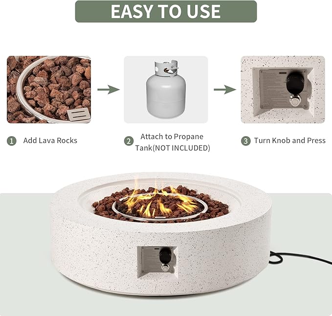 COSIEST 42 inch Outdoor Propane Fire Pit Coffee Table w Concrete Round Base Patio Heater, 50,000 BTU Stainless Steel Burner, Free Lava Rocks, Rain Cover