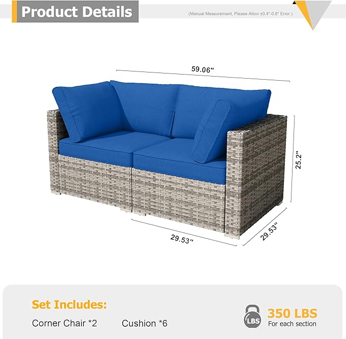 HOOOWOOO Patio Sectional Furniture Set,2 Piece Couch Set with 2 Matching Corner Chairs(Navy Blue)