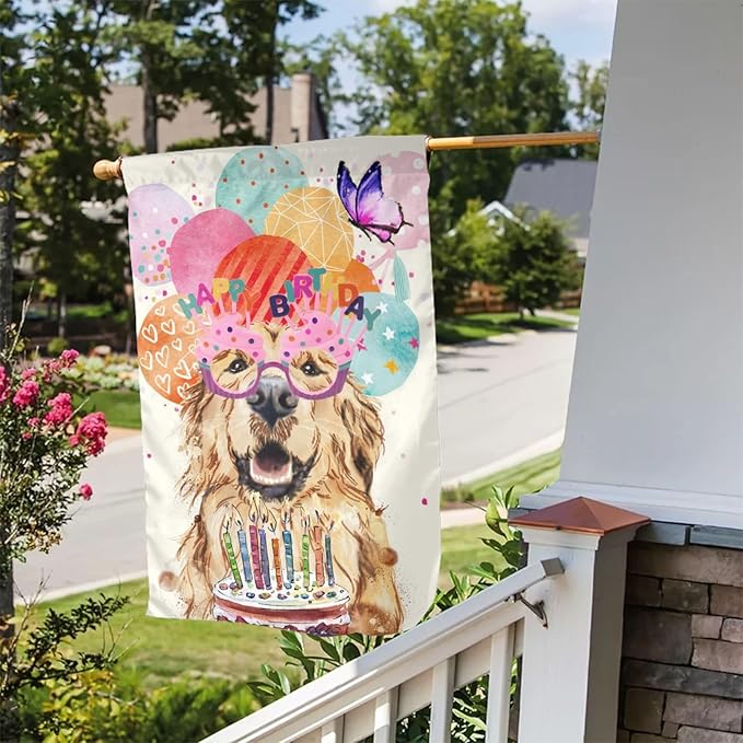 Happy Birthday Cake Balloon Ribbon Golden Dog Retriever Garden Flag Welcome Party Outdoor Outside Decorations Picks Home House Garden Yard Decor 12x18 Inch