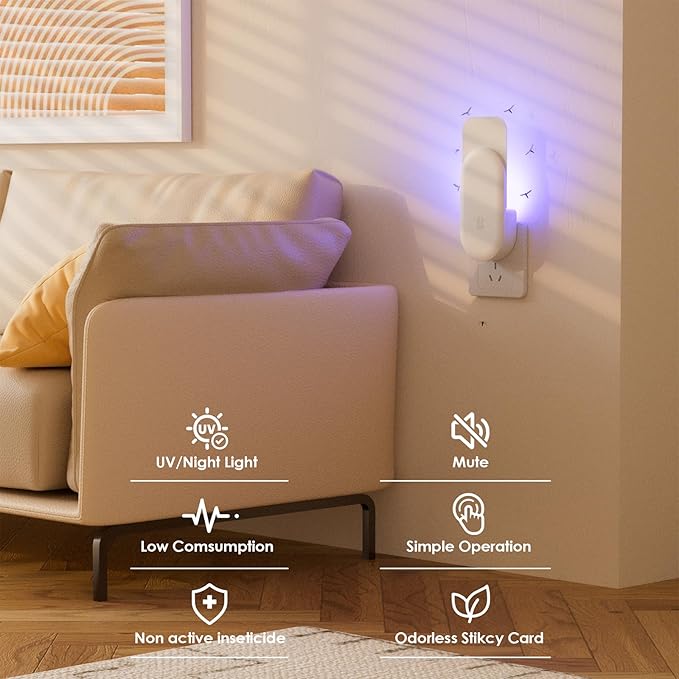 Flying Insect Trap, 2 in 1 Indoor Plug-in Fruit Fly Trap, 2 Trap White and 12 Glue Cards, Fruit Fly Traps for Gnat, Moth, Mosquito, Suitable for Every Part of The Home