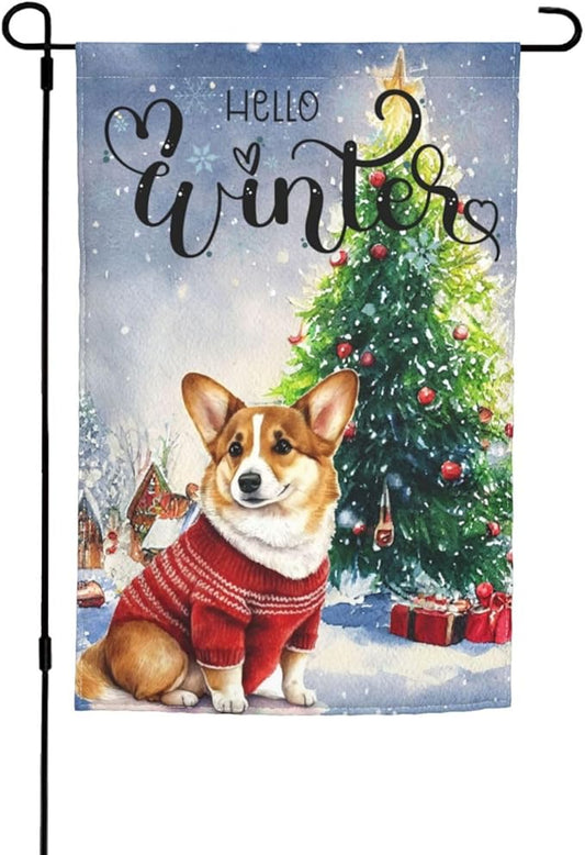 Hello Winter Merry Christmas Cute Pine Snow Garden Flag Welcome Party Outdoor Outside Decorations Picks Home House Garden Yard Decor 12x18 Inch