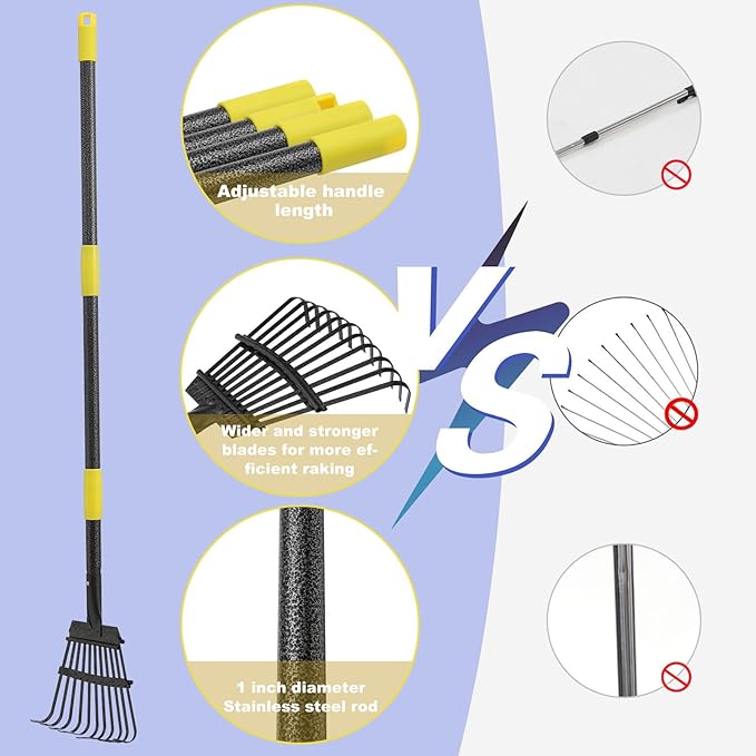 HOSKO 74 Inch Leaf Rake, 11 Tines Garden Rakes with Adjustable Sectional Handle for Quick Clean Up of Lawns, Garden, Farm, Pasture, Yard and Chicken Coop