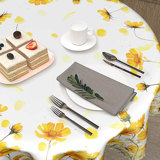 Giwawa Yellow Poppy Flowers Tablecloths for Round Table 60inch,Summer Floral Botanical Polyster Fabric Stain Resistant Table Cloth for Dining Room Kitchen Farmhouse Holiday Party Dinner