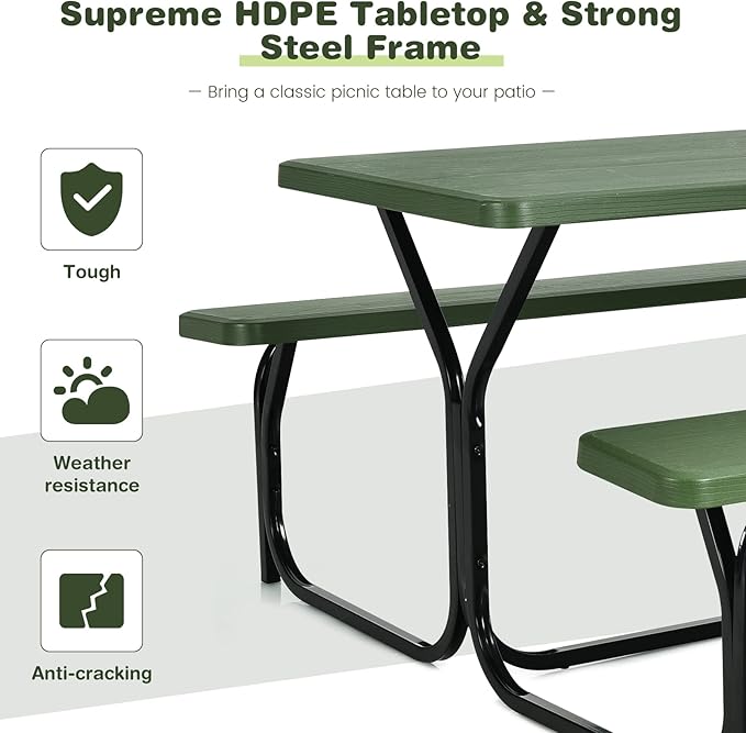Moccha Picnic Table Bench Set - Portable Plastic Picnic Table w/Steel Frame & Wood-Like Texture, All Weather Heavy Duty Picnic Table Kit, Picnic Tables for Outdoors Garden Patio Party Dining (Green)