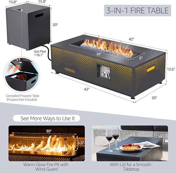 NICESOUL 42'' Propane/Natural Gas Fire Pit Table, Rectangle Firepits with Tank Table, 50000 BTU Modern Outdoor Fireplace with LED Lights for Outside Patio Backyard Deck Porch, CSA Certified, Dark Gray