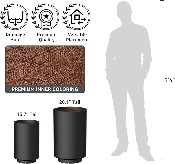 Kante 15.7 Inch Tall Concrete Planter, Round Pedestal Design Garden Pot for Indoor Outdoor Plants, Modern Garden Pot with Drainage Hole, Black Finish with Warm Brown Interior