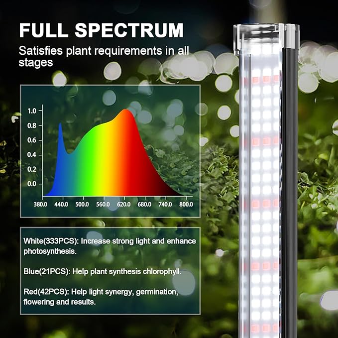 Super-Bright 48" T10 Plant Lamp, 6000k Full Spectrum Standing Grow Light, 3 Modes & 5 Dimming Levels, Timer 4/8/12H,12V/3A High Power Output for Large & Tall Indoor Plants