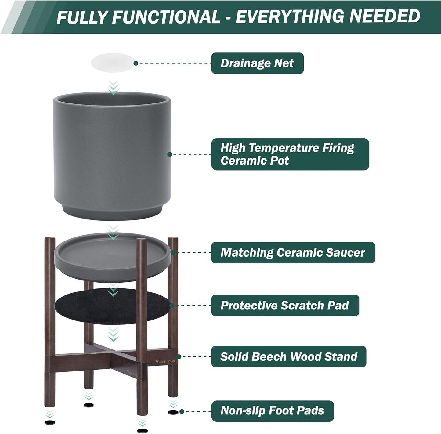 D'vine Dev Ceramic Planter with Walnut Color Stand - 12 Inch Modern Round Flower Pot with Wood Planter Holder, Grey, 55-B-W-3