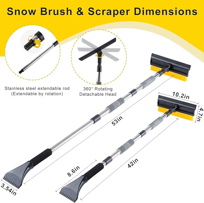 53'' Extendable Retractable Snow Brush & Ice Scraper for Cars/SUVs/Trucks - 360° Rotating Detachable Head, 10" Scratch-Free Squeegee, Ergonomic Foam Handle Winter Cleaning Tool (Yellow&Black)