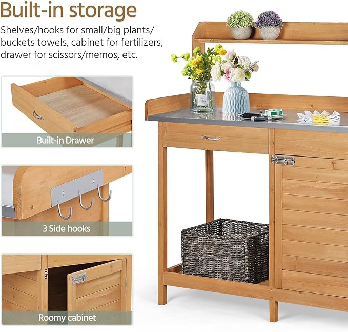 Yaheetech Outdoor Garden Potting Bench Table Work Bench Metal Tabletop W/Cabinet Drawer Open Shelf Natural Wood