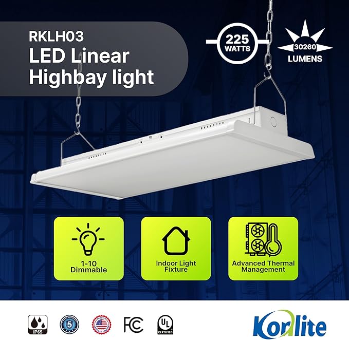 4 FT Linear LED Shop Lights, 225W, 30,626LM Bay Ceiling Shop Light for Commercial & Industrial Use, Non-Maintenance Shop Lights for Workshop, Garage Light, 5000K Daylight, Dimmable 1-10V