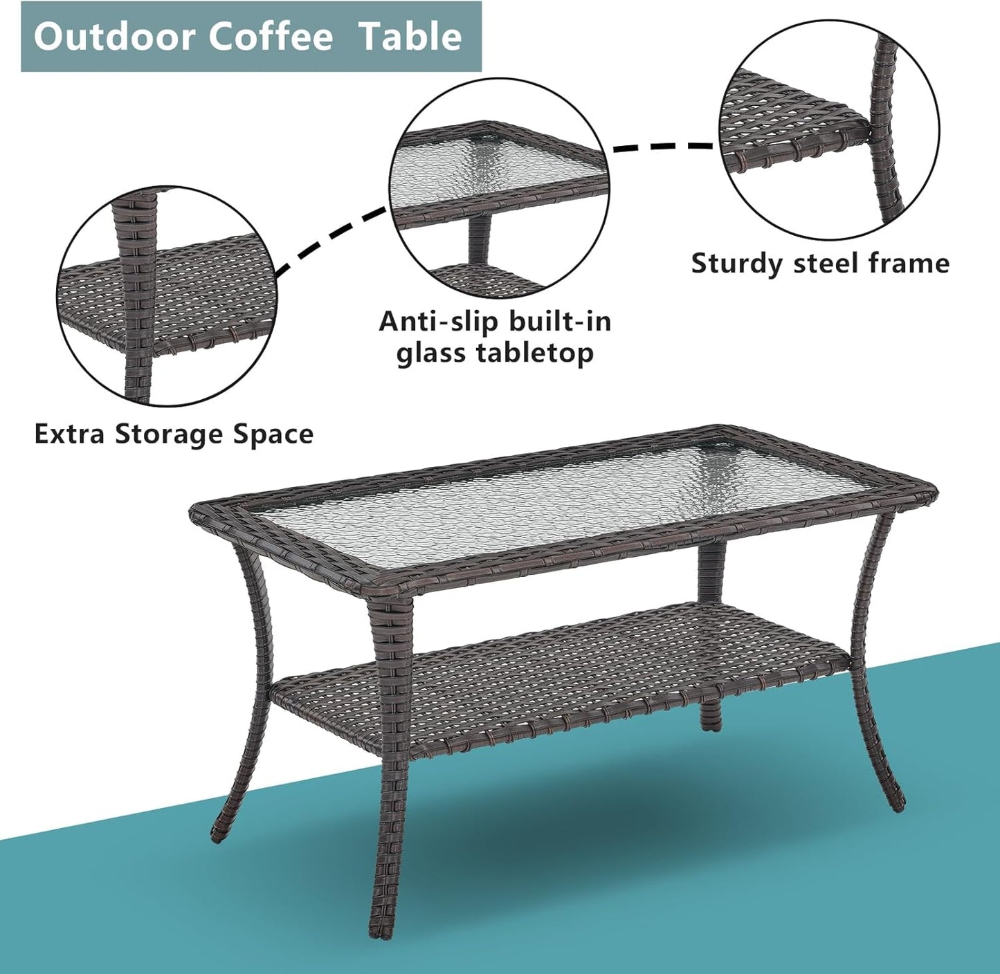 Patio Tables Outdoor Coffee Table - Wicker Rattan Coffee Tables with 2-Tier Storage Shelf Glass Top for Outside Proch Deck Balcony Garden Rectangle Brown