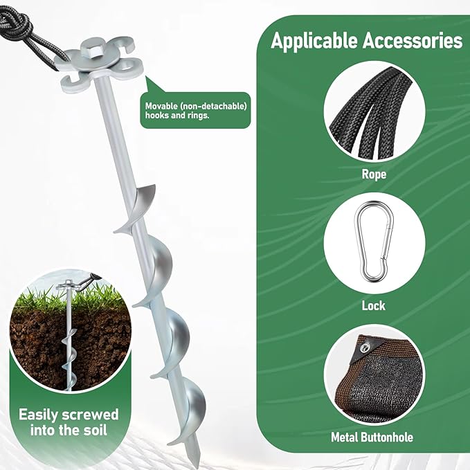 Ground Anchors Screw in – 4 Pack Spiral Tent Stakes heavy duty with Drill Socket & T-Handle, 12 Inch Trampoline Anchor with Hook & Ring Design for Tents, Sheds, Canopies, Swing Sets, Gazebo(4)