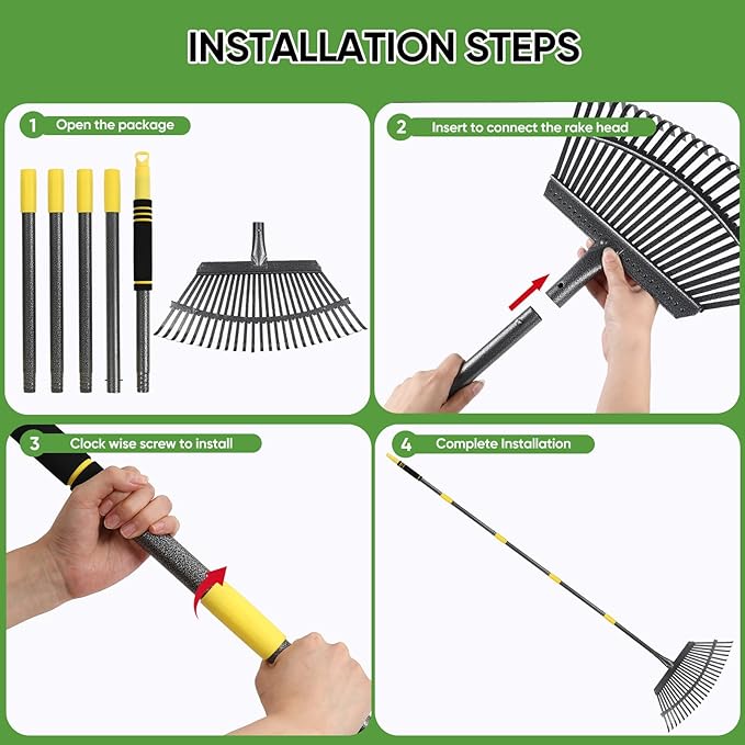 Garden Leaf Rakes, 6FT Rake for Lawns Heavy Duty 25 Metal Tines 18.5 inch Wide, Adjustable Steel Handle, Rakes for Leaves, Gathering Shrub, Grass, Flower Beds