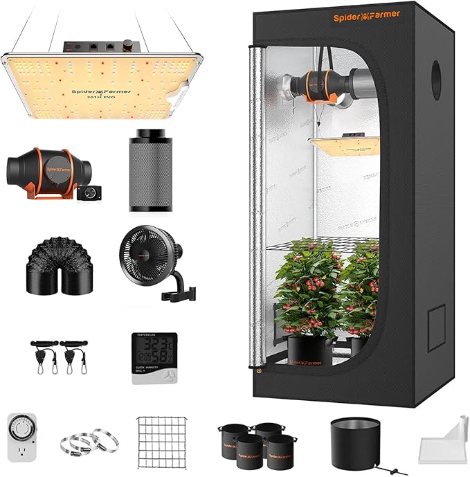 Spider Farmer EVO Grow Tent Kit Complete 28"x28"x63" SF-1000 Samsung LM301H EVO & Dimmable, Grow Tent Complete System 2.3x2.3ft Growing Tent Kit Set with 4" Ventilation System &6'' Clip Fan