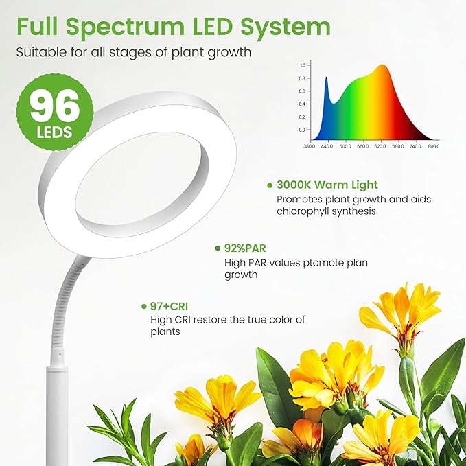 Grow Lights for Indoor Plants,Floor Lamp with 63IN Stand,Full Spectrum,10 Dimming,Halo Ring Warm Light, 3/9/12H Timer,Height Adjustable,Metal Stable Base Growing Light for Tall Small Plant
