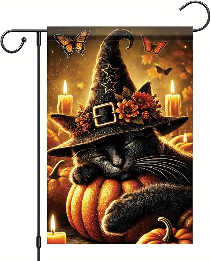 Halloween Fall Garden Flag Black Cat with Witch Hat Pumpkin Flag 12x18 Inch Double-Sided Autumn Candle Butterfly Yard Banner Outdoor Decor for Porch Lawn Pathway Cat Lover Gift