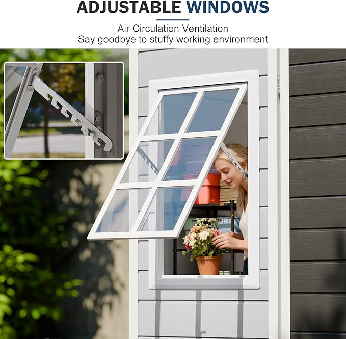 8x6 FT Resin Storage Sheds with Floor and Adjustable Openable Windows, Large Waterproof Garden Sheds with Base, Outside Plastic Sheds with 2 Windows for Backyard Garden Patio Lawn Tools Storage, Gray