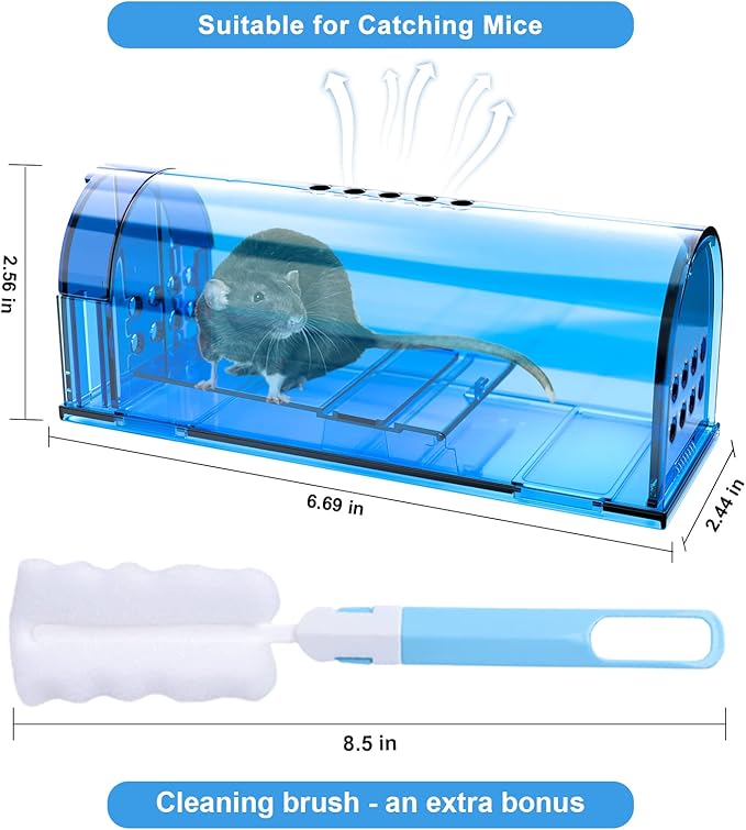 6 Pack Humane Mouse Traps No Kill, Catch and Release Live Mouse Trap Indoor for Home, Reusable Mice Trap Cage with Cleaning Brush(Blue)