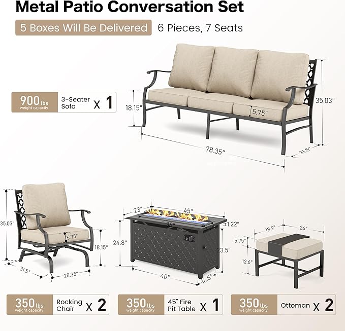 Patio Furniture Set with Firepit Table, Metal Outdoor Patio Furniture, 2 Rocking Chairs, 3 Seater Sofa, 2 Ottomans with 5.75" Extra Thick Cushion and Gas Firepit Table for Backyard