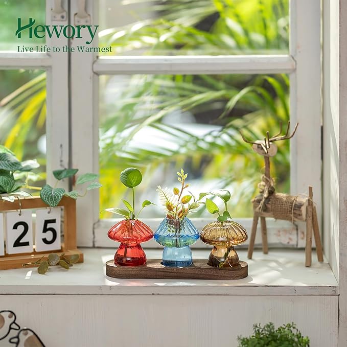 Glass Propagation Station for Plant: Mushroom Planter with Wooden Stand for Home Office Decor - Unique Propagation Jars for Plant Lovers - Set of 3 Hydroponic Mushroom Vases Gift for Mom