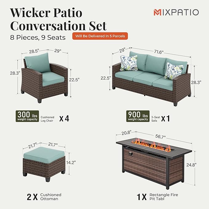 Patio Furniture Set, 8 Pcs Wicker Rattan Outdoor Conversation Set, 4 x Leg Chairs, 1 x 3 Seater Sofa and 2 x Ottoman with 4" Thick Cushion and 56" Fire Pit Table, Blue