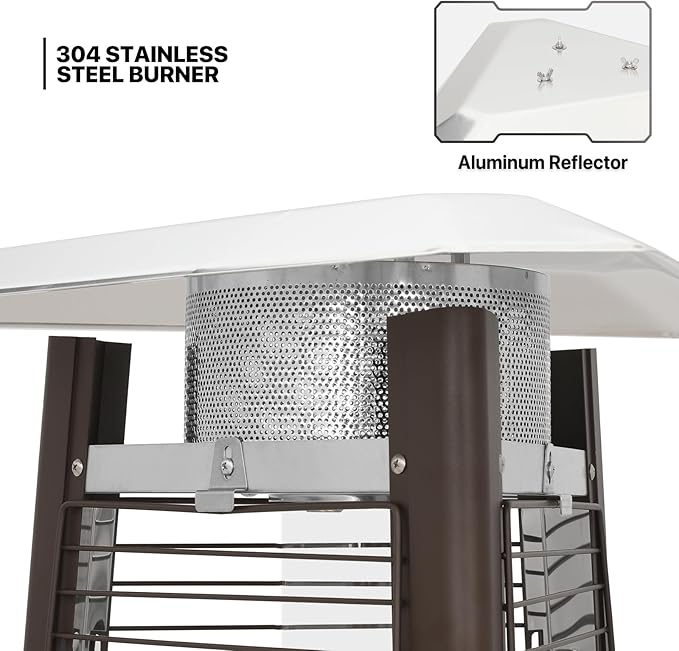 MoNiBloom 42000 BTU Propane Pyramid Patio Heater with Wheels and Glass Tube Flame Burner Outdoor Patio Heater for Commercial Use, Residential, Garden, Backyard, Porch, Deck, Balcony (Coffee Brown)