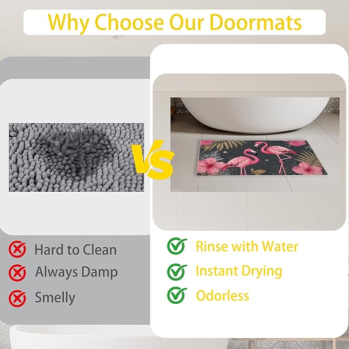 Front Door Mat,Pink Flamingo Doormat Outside Entrance,Non-Slip Gold Palm Leaves Entryway Rug for Porch Patio, Felt Low Profile Welcome Mat Indoor for Hallways, 30 x 17 Inch