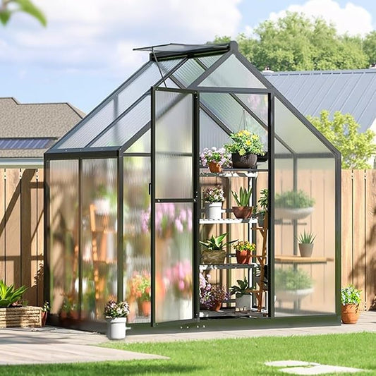 4x6FT Outdoor Greenhouse, Polycarbonate Green House, Small Walk-in Greenhouse with Vented Roof Window, Windproof Aluminum Frame with Quick-Installation Structure, Suitable for Gardening
