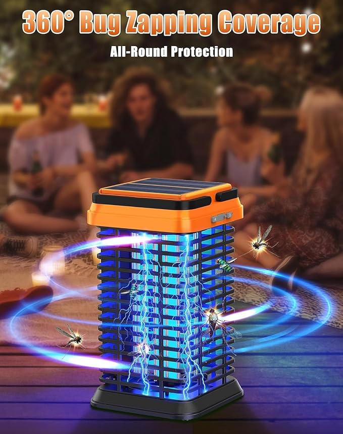 Solar Bug Zapper Outdoor Indoor, Mosquito Zapper with Dual-Mode Reading Lamp, Cordless & Rechargeable Electric Fly Trap, IPX4 Waterproof for Patio, Backyard