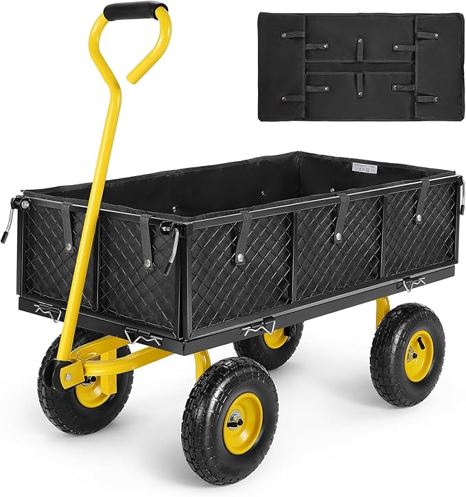 TEANDE Garden Cart, Heavy Duty 880 Lbs Capacity Mesh Steel Garden Cart with Removable Sides to Convert into Flatbed, Utility Metal Wagon with 180° Rotating Handle and 10 in Tires